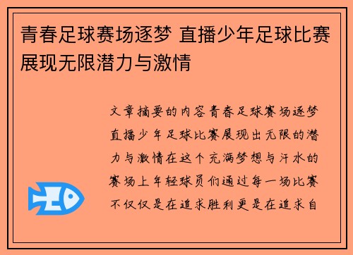 青春足球赛场逐梦 直播少年足球比赛展现无限潜力与激情